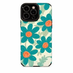 iPhone Phone Case Vertical Grain PU Leather Teal Green Floral Pattern